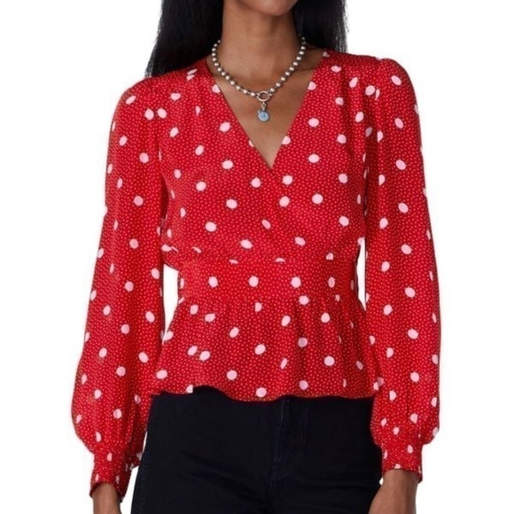 The Kooples Red Polka Dot Faux Wrap Top Size 3=L - Picture 1 of 12